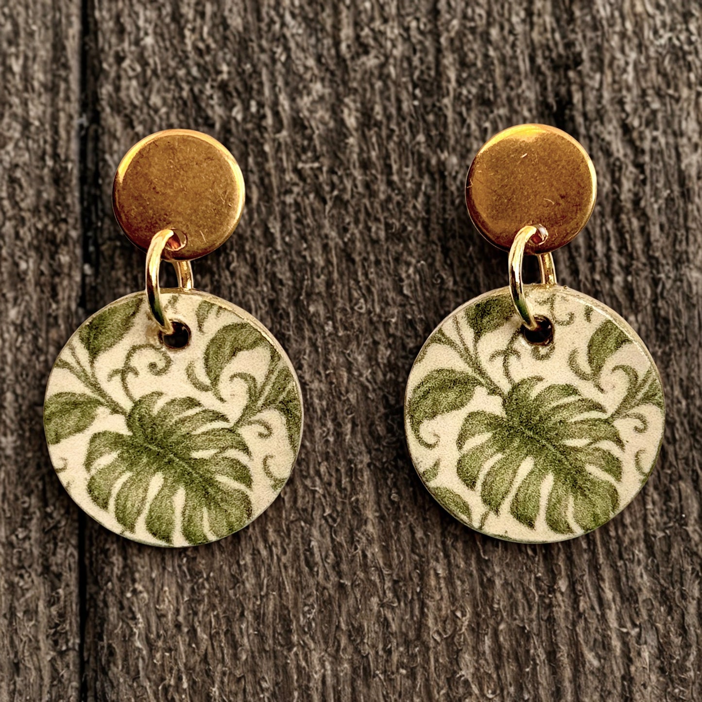 Green Tropical Leaf Decoupage Wooden Dangle Earrings
