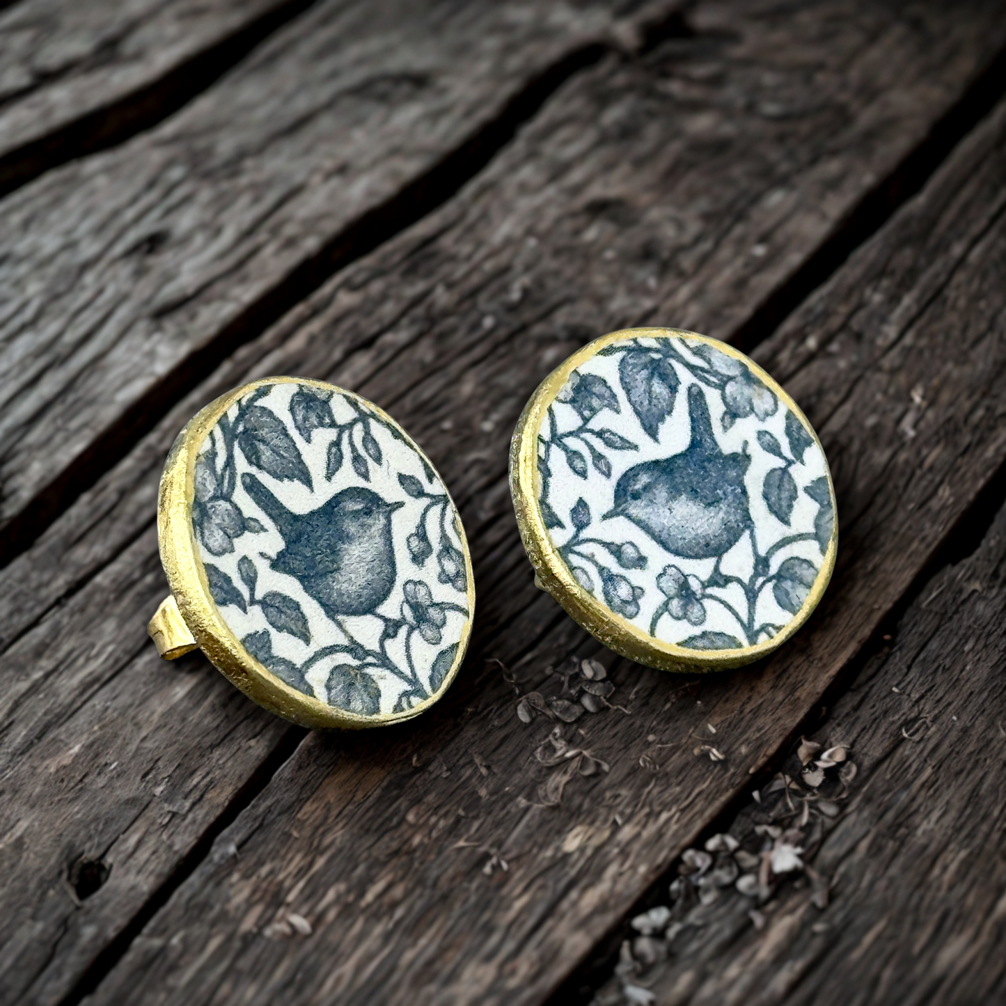 Handmade Blue Bird Floral Decoupage Stud Earrings