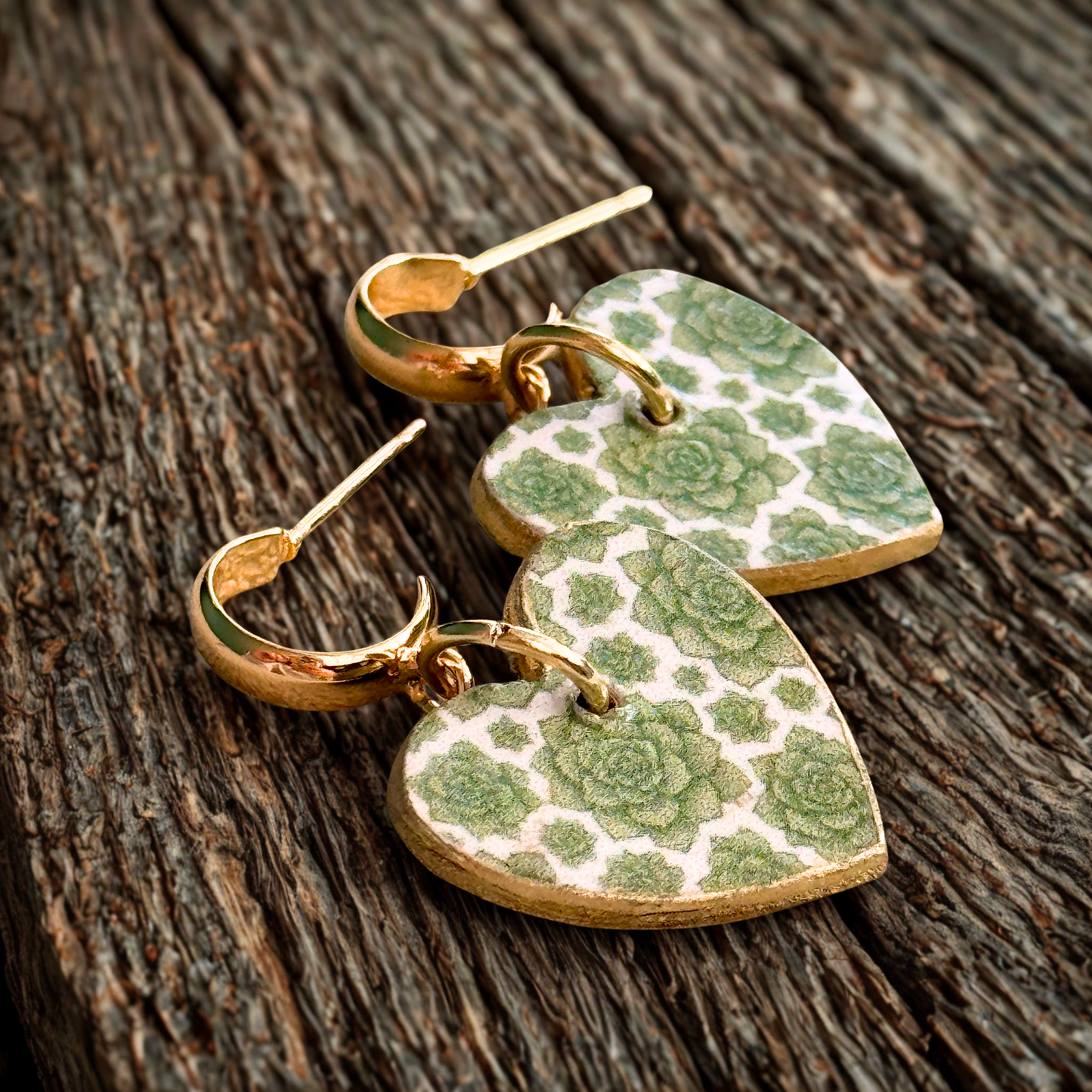 Green Floral Pattern Decoupage Wooden Heart Earrings with Gold Plated Half Hoops