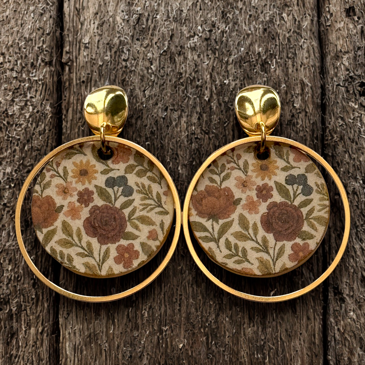 Autumn Floral Decoupage Wooden Earrings with Gold Hoops