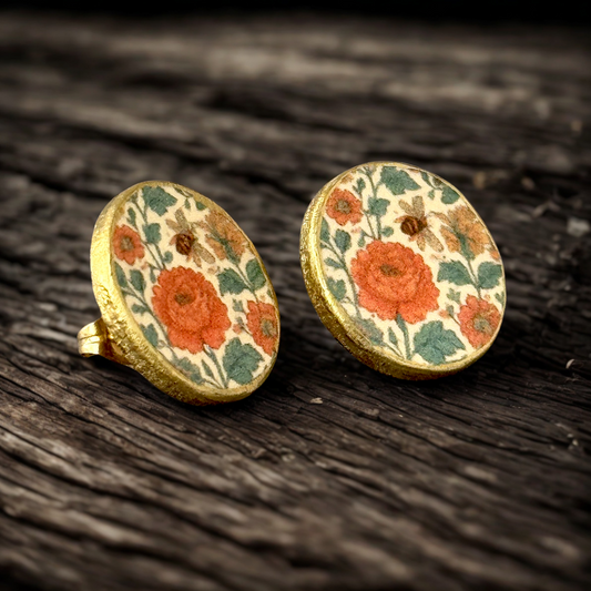 Handmade floral bee decoupage stud earrings with gold trim