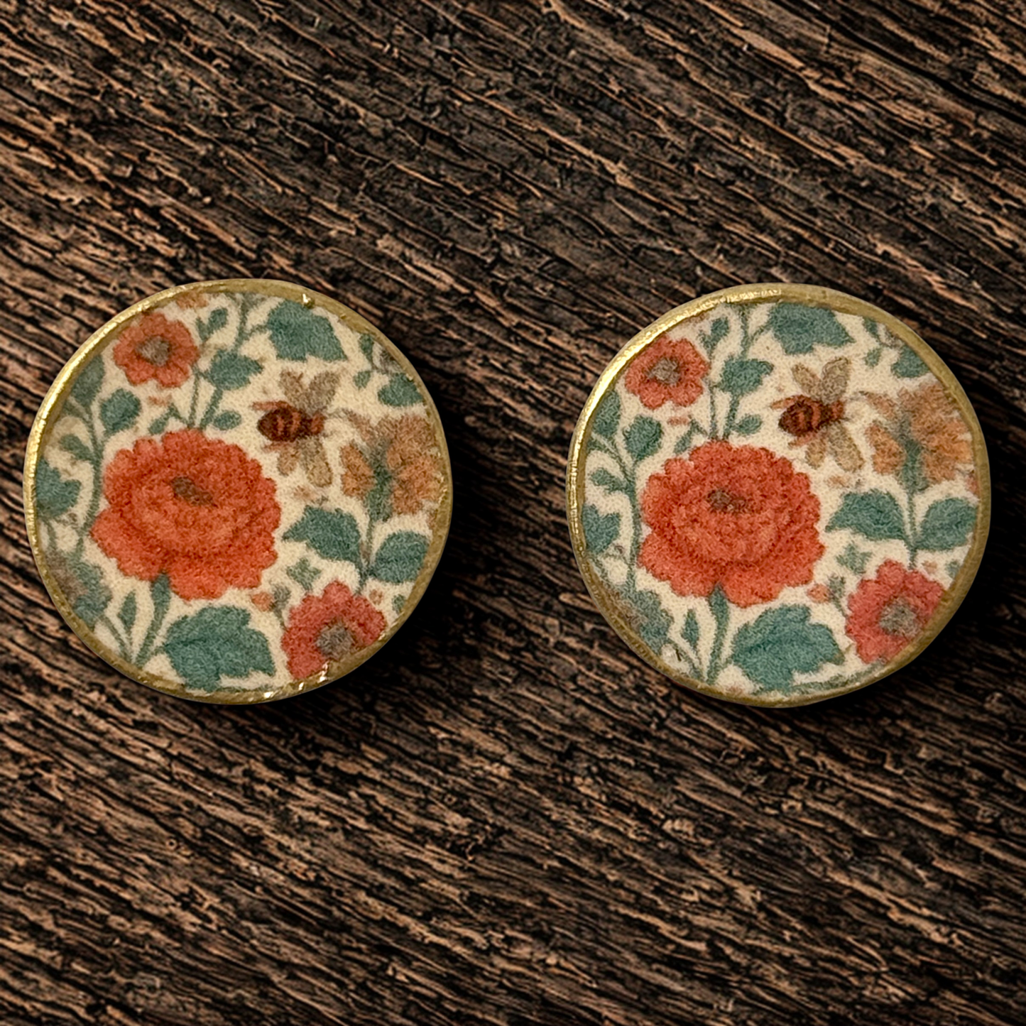 Handmade Floral Bee Decoupage Stud Earrings