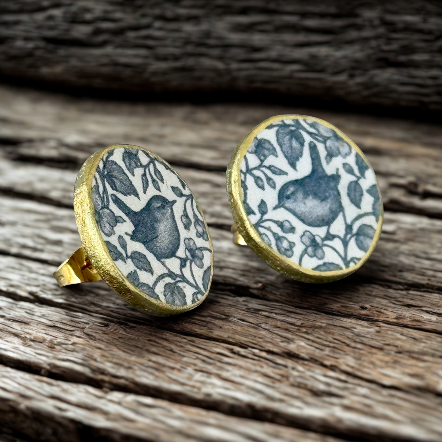 Handmade Blue Bird Floral Decoupage Stud Earrings