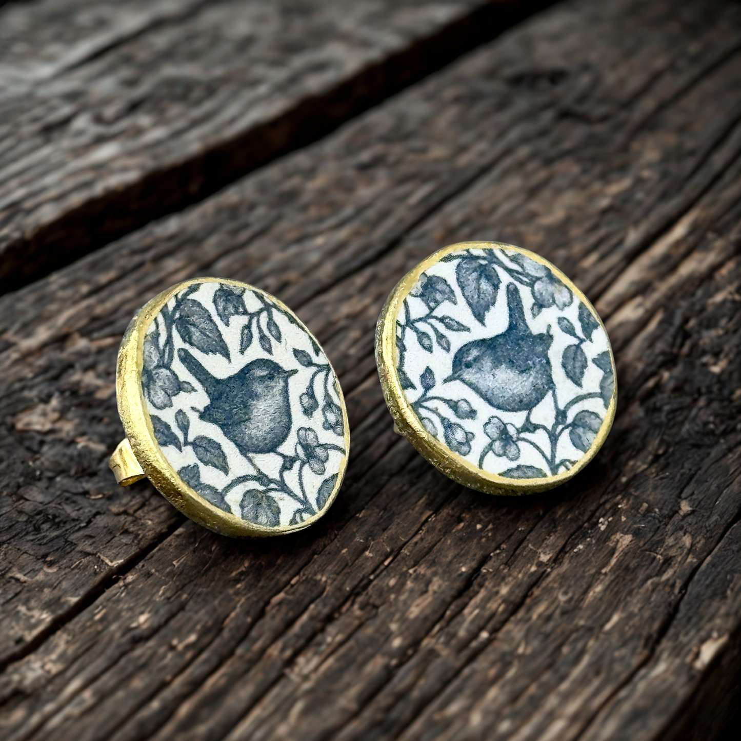 Handmade Blue Bird Floral Decoupage Stud Earrings