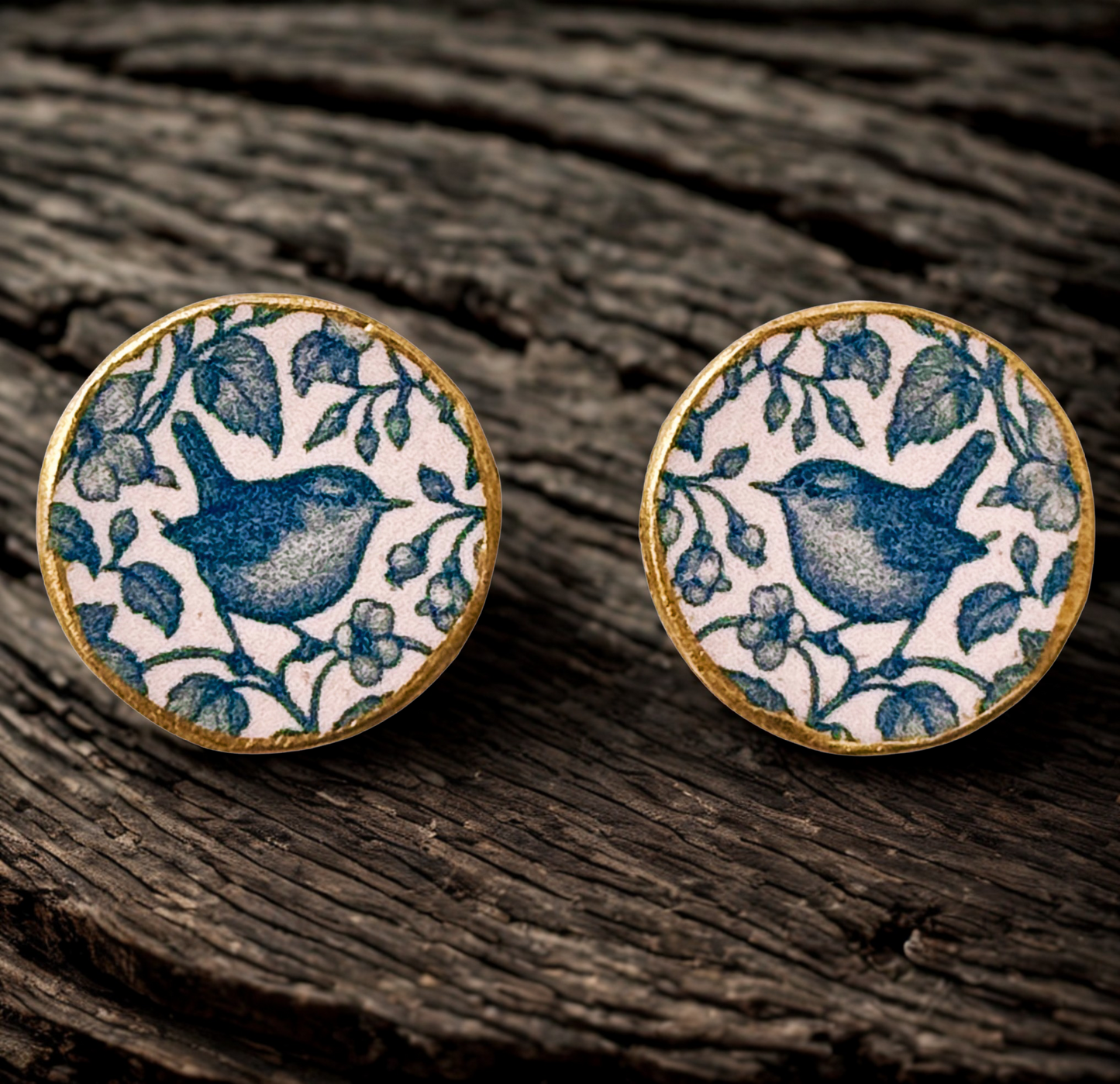 Eco friendly boho chic decoupage stud earrings in blue and gold