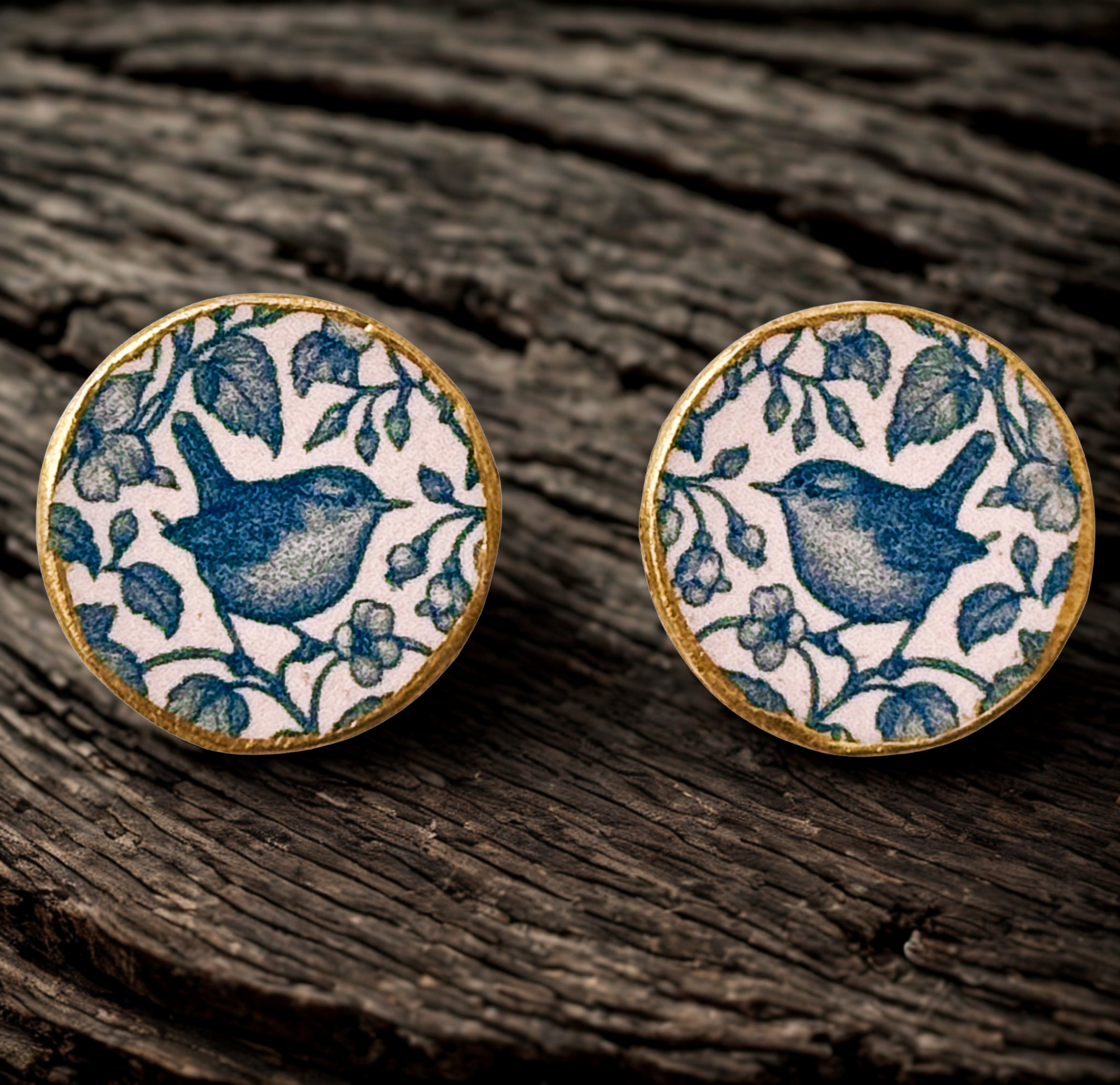 Eco friendly boho chic decoupage stud earrings in blue and gold