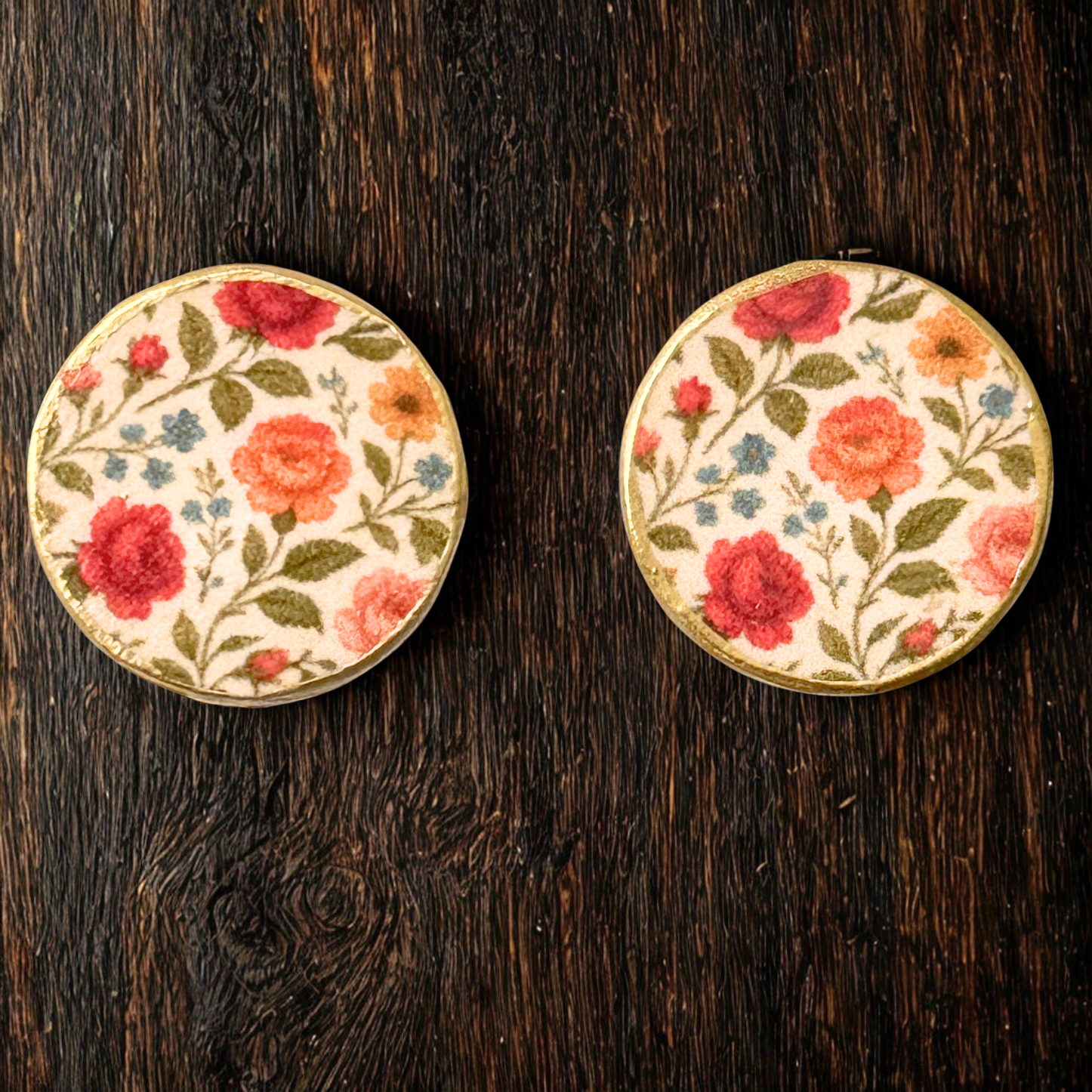 Handmade multicoloured floral stud earrings with gold trim and 24k gold plated stainless steel posts