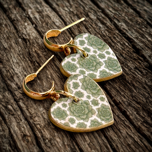Green Floral Pattern Decoupage Wooden Heart Earrings with Gold Plated Half Hoops