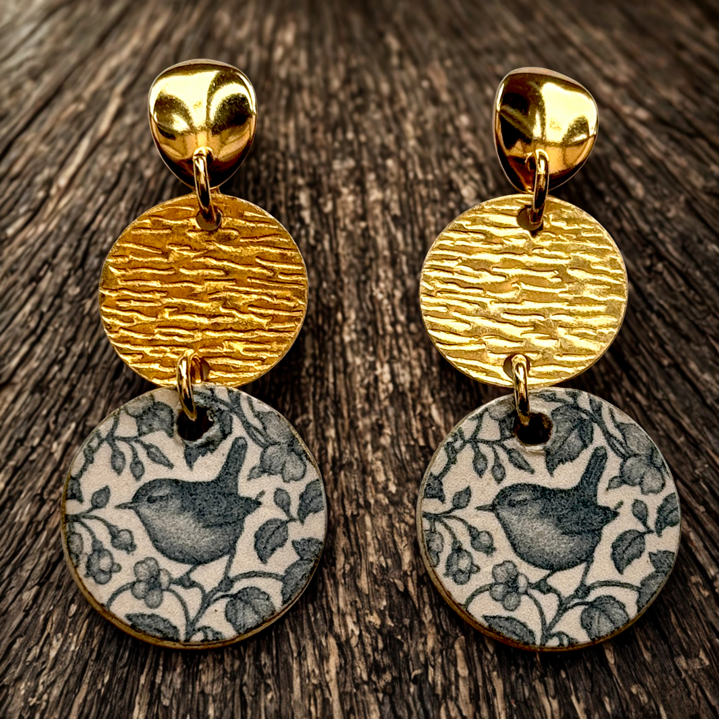 Gold & Blue Bird Decoupage Wood Earrings