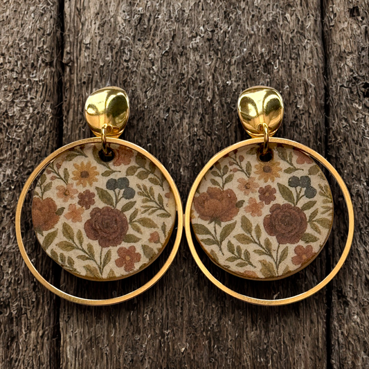 Autumn Floral Decoupage Wooden Earrings with Gold Hoops